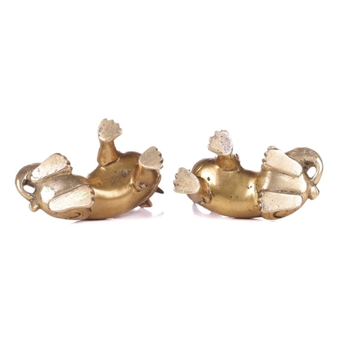 49 - A pair of Chinese, gilt bronze scholar's scroll weights, in the form of seated Pixue, Qing Dynasty, ... 