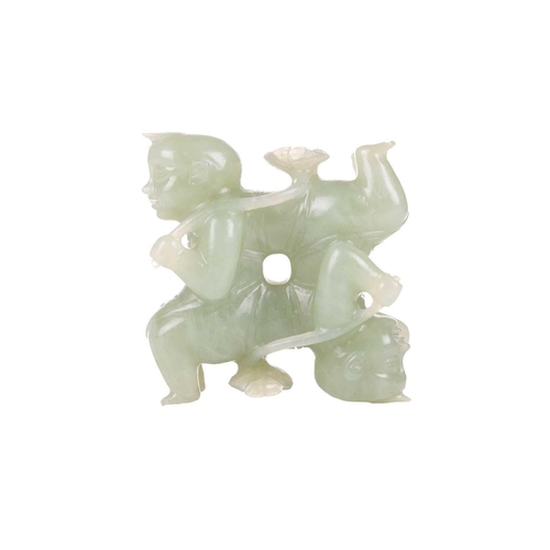 57 - A large Chinese green jade carving of two laughing Buddhai, each figure supported on the back of his... 