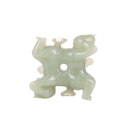 57 - A large Chinese green jade carving of two laughing Buddhai, each figure supported on the back of his... 