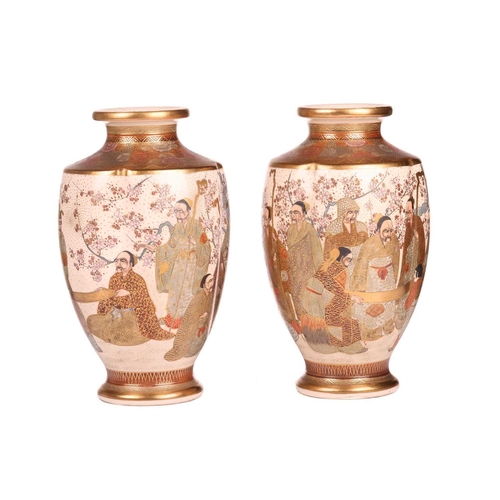 64 - A pair of Japanese Satsuma pottery inverted baluster vases, Meiji period, late 19th century painted ... 