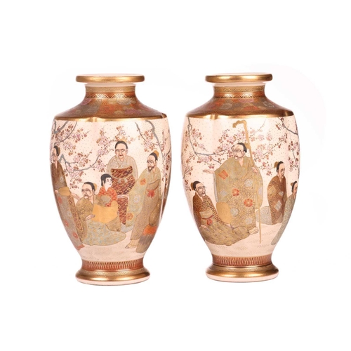 64 - A pair of Japanese Satsuma pottery inverted baluster vases, Meiji period, late 19th century painted ... 