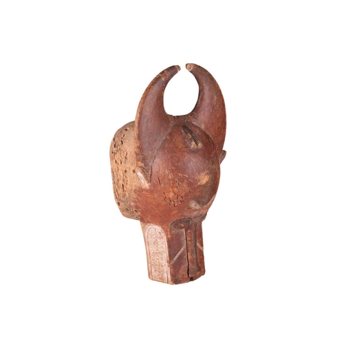 76 - A Baule people wooden helmet animal mask (Bo Nun Amuin) with curved horns and signs of polychromic p... 