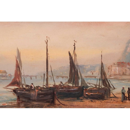 81 - Sidney Yates Johnson (fl.1890 - 1926), Coastal view with vessels, monogrammed, oil on board, 19 x 39... 