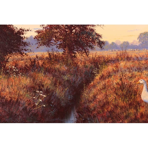 85 - † Edward Hersey (b.1948), Dusk Landscape with Geese and Church Tower, signed, oil on canvas, 51 x 76... 