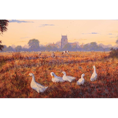 85 - † Edward Hersey (b.1948), Dusk Landscape with Geese and Church Tower, signed, oil on canvas, 51 x 76... 