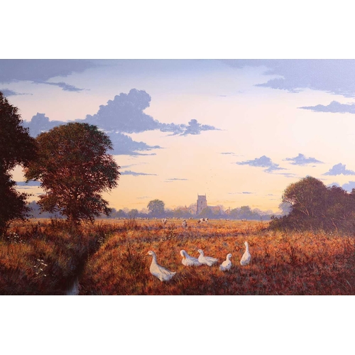 85 - † Edward Hersey (b.1948), Dusk Landscape with Geese and Church Tower, signed, oil on canvas, 51 x 76... 