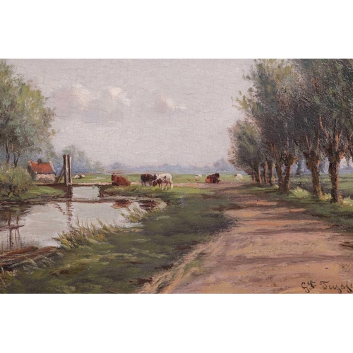 88 - † George Frederik Teyssen (1873 - 1955) Dutch, Canal scene with cattle and cottages, signed, oil on ... 