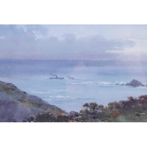 94 - Frank Watson Woods (1862 - 1953), Longships Lighthouse from Land's End with vessels beyond, signed a... 