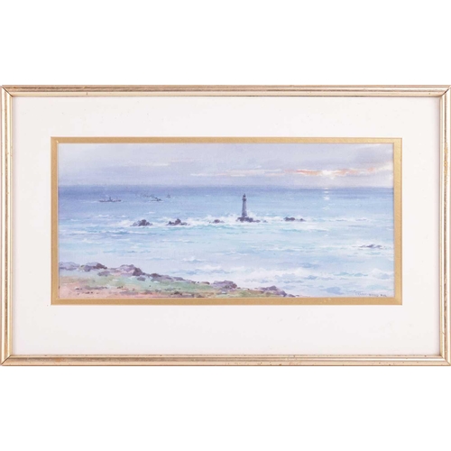 94 - Frank Watson Woods (1862 - 1953), Longships Lighthouse from Land's End with vessels beyond, signed a... 