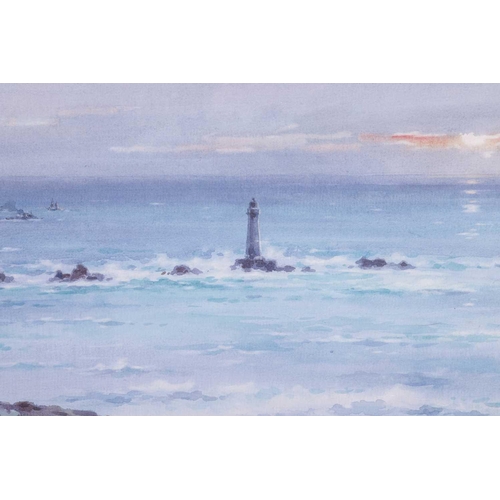 94 - Frank Watson Woods (1862 - 1953), Longships Lighthouse from Land's End with vessels beyond, signed a... 