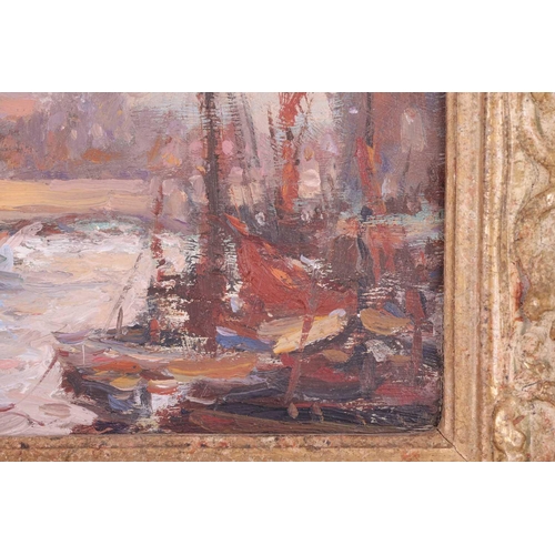 95 - † Ken Moroney (1949 - 2018), Moorings on the Thames, signed, oil on panel, 11 x 16 cm, framed 19.5 x... 