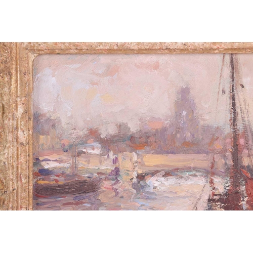 95 - † Ken Moroney (1949 - 2018), Moorings on the Thames, signed, oil on panel, 11 x 16 cm, framed 19.5 x... 