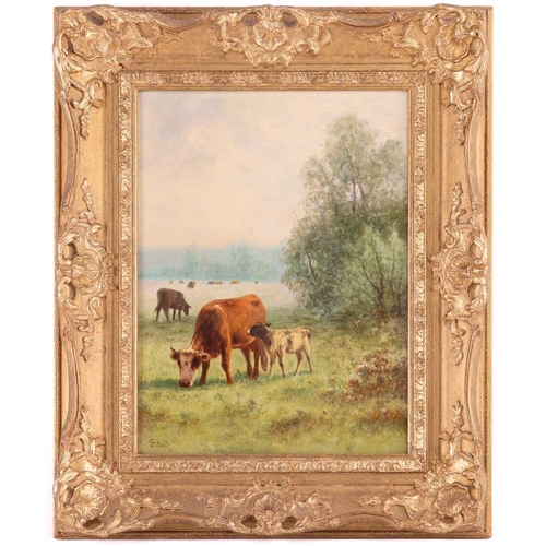 96 - William Frederick Hulk (1852 - c.1906), Cow and Calf, signed, oil on canvas, 30.5 x 22.5 cm, in a la... 