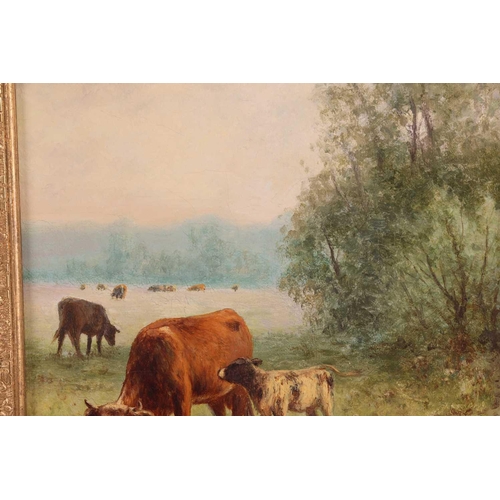 96 - William Frederick Hulk (1852 - c.1906), Cow and Calf, signed, oil on canvas, 30.5 x 22.5 cm, in a la... 