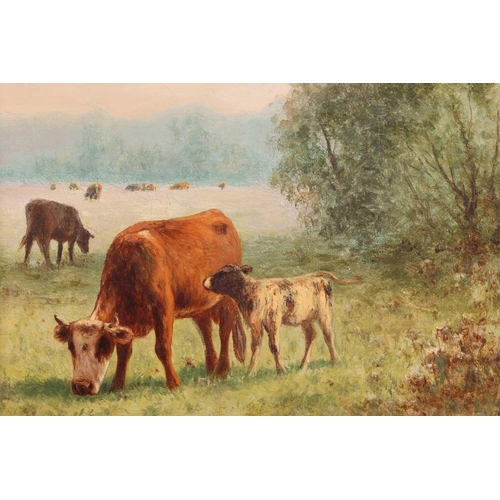 96 - William Frederick Hulk (1852 - c.1906), Cow and Calf, signed, oil on canvas, 30.5 x 22.5 cm, in a la... 