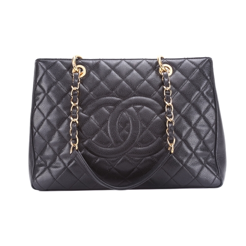 266 - Chanel - a Grand Shopping Tote in black diamond-quilted caviar leather, circa 2014, structured recta... 