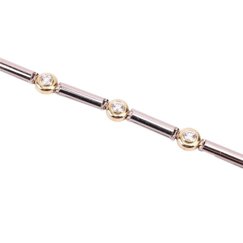 104 - A diamond-set bracelet in 18ct bi-coloured gold, constructed with a line of hinged bar links, flanki... 