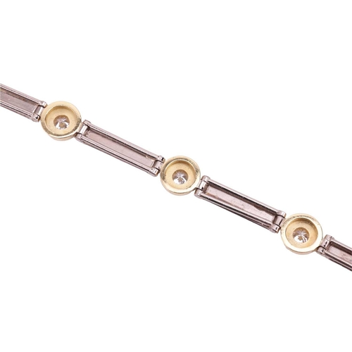 104 - A diamond-set bracelet in 18ct bi-coloured gold, constructed with a line of hinged bar links, flanki... 