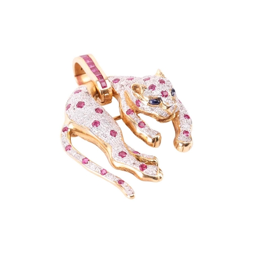 109 - A panther pendant cum brooch set with diamonds, rubies and sapphires, encrusted with brilliant-cut d... 