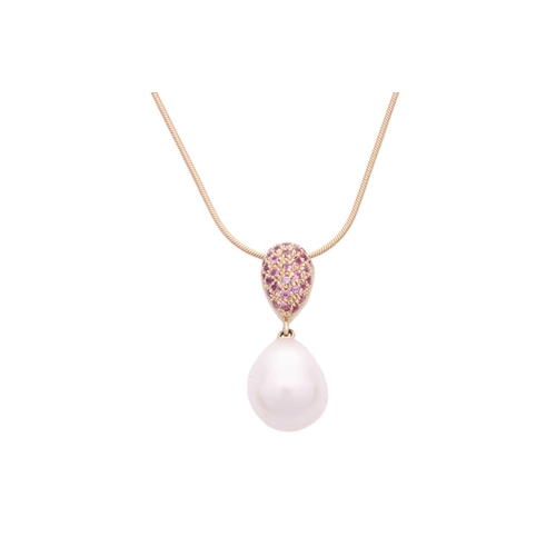 120 - A pendant on chain and matching earrings set with cultured pearl and pink sapphires; the pendant con... 