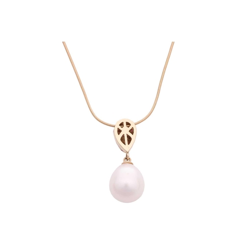 120 - A pendant on chain and matching earrings set with cultured pearl and pink sapphires; the pendant con... 