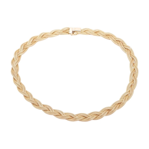 13 - A braided mesh necklace in 18ct yellow gold, completed with a concealed tongue clasp and figure-of-e... 