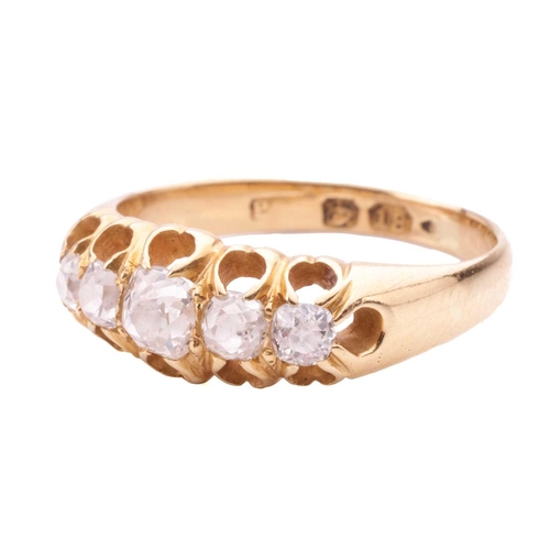 135 - An old cut diamond five stone ring, set with a row of cushion shape old cut diamonds with a total es... 