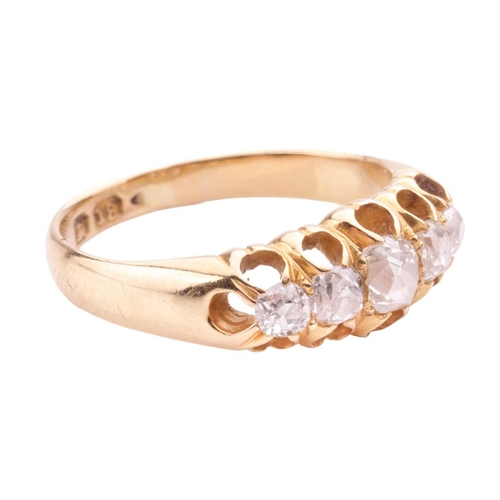 135 - An old cut diamond five stone ring, set with a row of cushion shape old cut diamonds with a total es... 