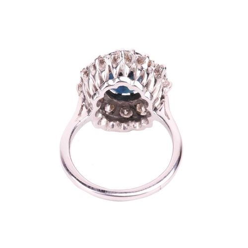 14 - A sapphire and diamond cluster ring, the oval cut sapphire in claw mounts above a border of twelve r... 