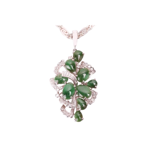 147 - A cabochon emerald and diamond-set cluster pendant and matching ring, of tiered foliate design, the ... 