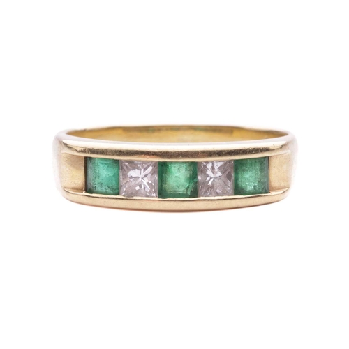 148 - An emerald and diamond half-hoop ring, channel-set with three square table-cut emeralds and alternat... 