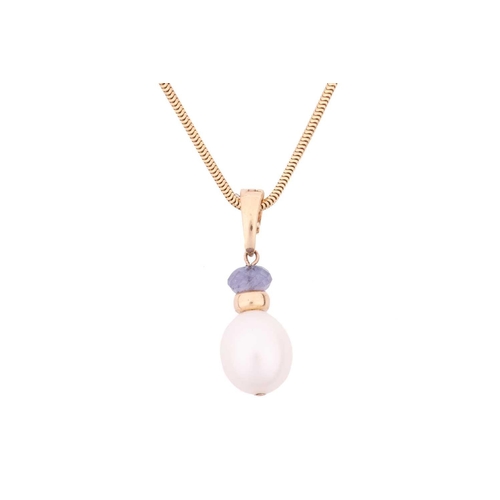 15 - A cultured pearl and tanzanite pendant on chain, together with a pair of matching drop earrings; of ... 