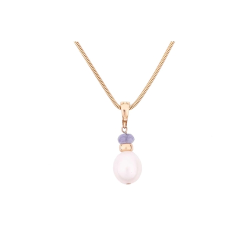 15 - A cultured pearl and tanzanite pendant on chain, together with a pair of matching drop earrings; of ... 