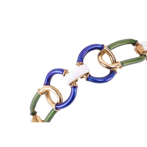 151 - An enamel interlaced link bracelet, comprising a series of curved annular links with blue and olive ... 