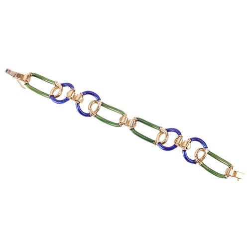 151 - An enamel interlaced link bracelet, comprising a series of curved annular links with blue and olive ... 