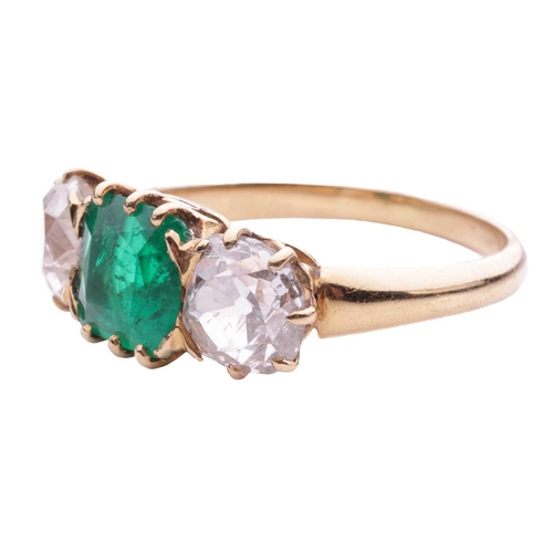 152 - An emerald and diamond three stone ring, the central square cut emerald measuring 7.1 x 7.1 x 4.5mm,... 