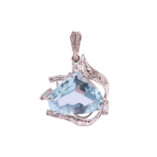 156 - An aquamarine and diamond pendant, featuring a pear shape aquamarine measuring 16.5 x 12.6 x 8mm, wi... 