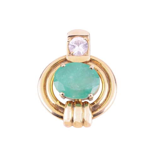 157 - An emerald and white sapphire pendant; set with a central oval-cut emerald in claw mount, approximat... 