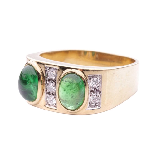 173 - A cabochon emerald and diamond-set ring, the two oval cabochons measuring approximately 6.8mm x 4.8m... 