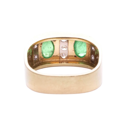 173 - A cabochon emerald and diamond-set ring, the two oval cabochons measuring approximately 6.8mm x 4.8m... 