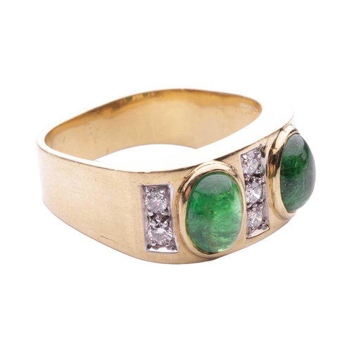 173 - A cabochon emerald and diamond-set ring, the two oval cabochons measuring approximately 6.8mm x 4.8m... 