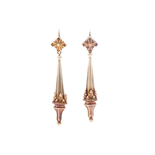 175 - A pair of Victorian Etruscan Revival drop earrings, of hexagonal bipyramid form, embellished with ap... 