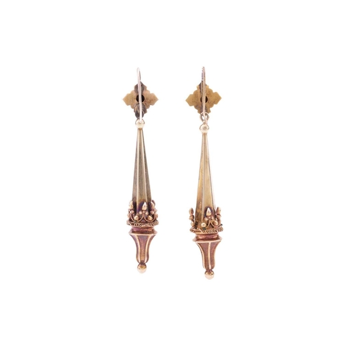 175 - A pair of Victorian Etruscan Revival drop earrings, of hexagonal bipyramid form, embellished with ap... 