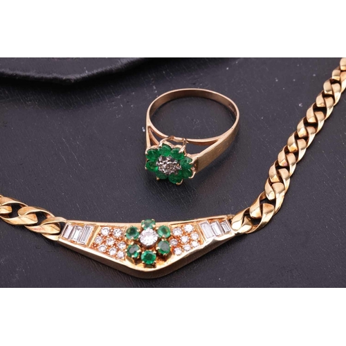 180 - An 18 carat gold, emerald and diamond set necklace and matched ring en suite; the centre set with a ... 