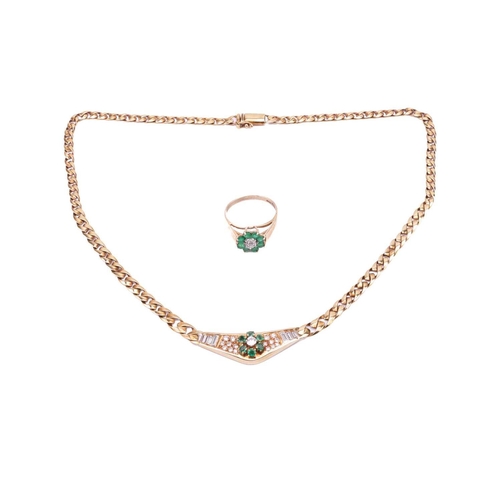 180 - An 18 carat gold, emerald and diamond set necklace and matched ring en suite; the centre set with a ... 