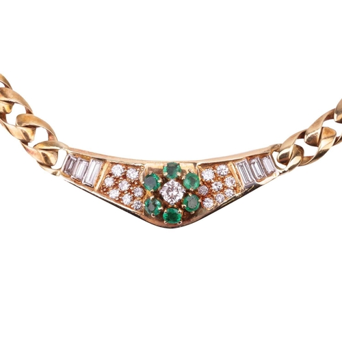 180 - An 18 carat gold, emerald and diamond set necklace and matched ring en suite; the centre set with a ... 