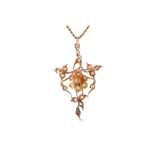 186 - An opal-set floral brooch cum pendant on chain, the openwork mount centred with a flowerhead cluster... 