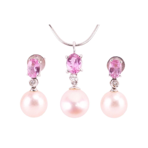 19 - A pendant on chain and a pair of matching earrings set with cultured pearl, pink sapphire and diamon... 