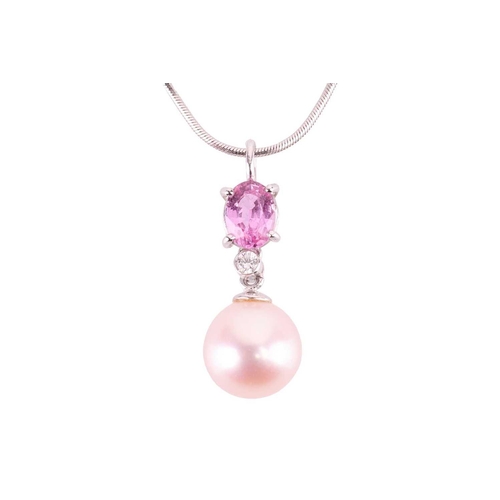 19 - A pendant on chain and a pair of matching earrings set with cultured pearl, pink sapphire and diamon... 