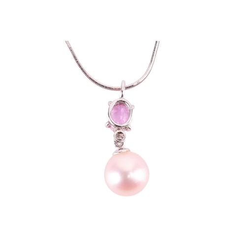 19 - A pendant on chain and a pair of matching earrings set with cultured pearl, pink sapphire and diamon... 